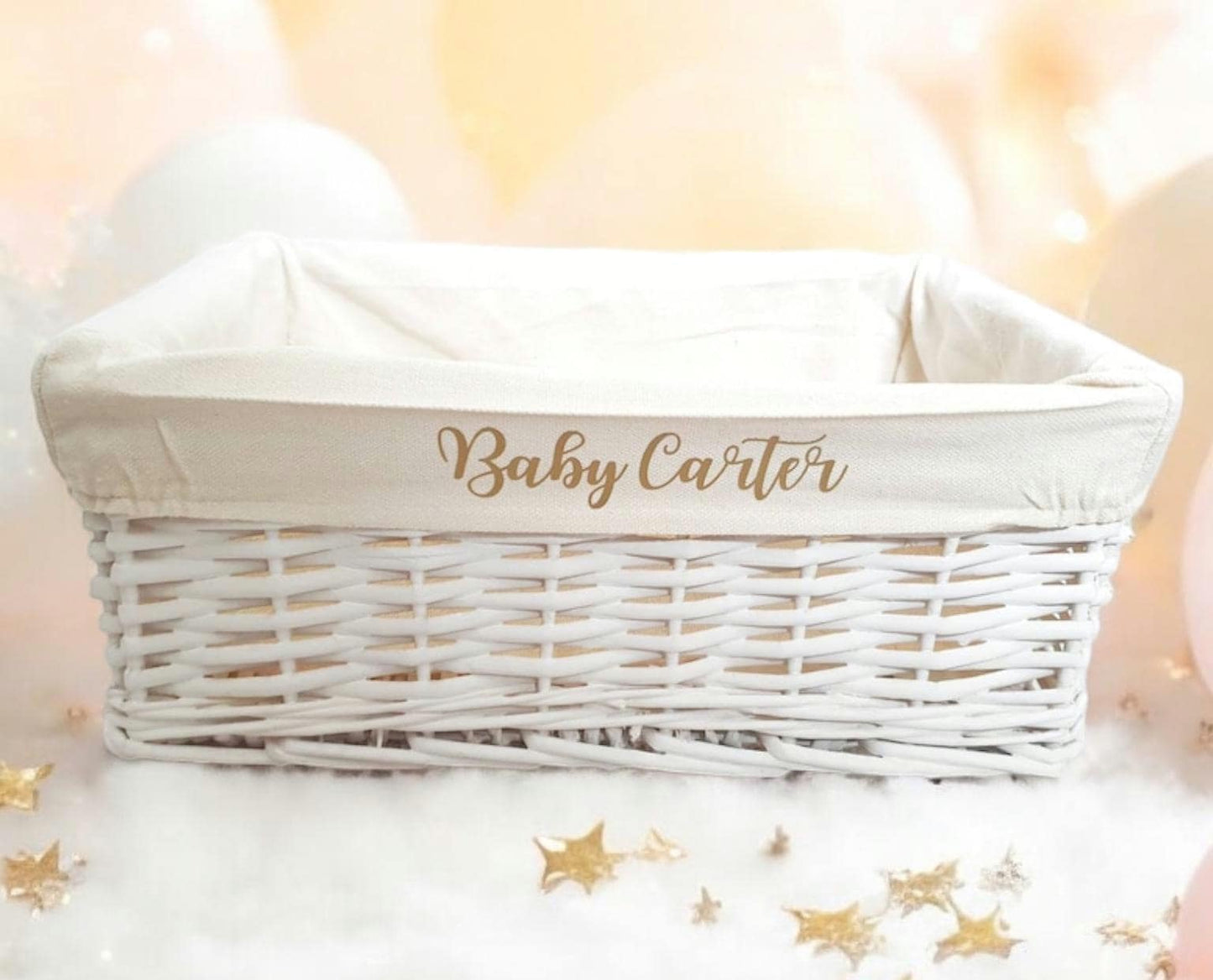 Personalised Baby Storage Basket White Wicker Cotton Liner Gift Nursery Decor Organiser Boy Girl Neutral Gift Hamper box Choice of Sizes