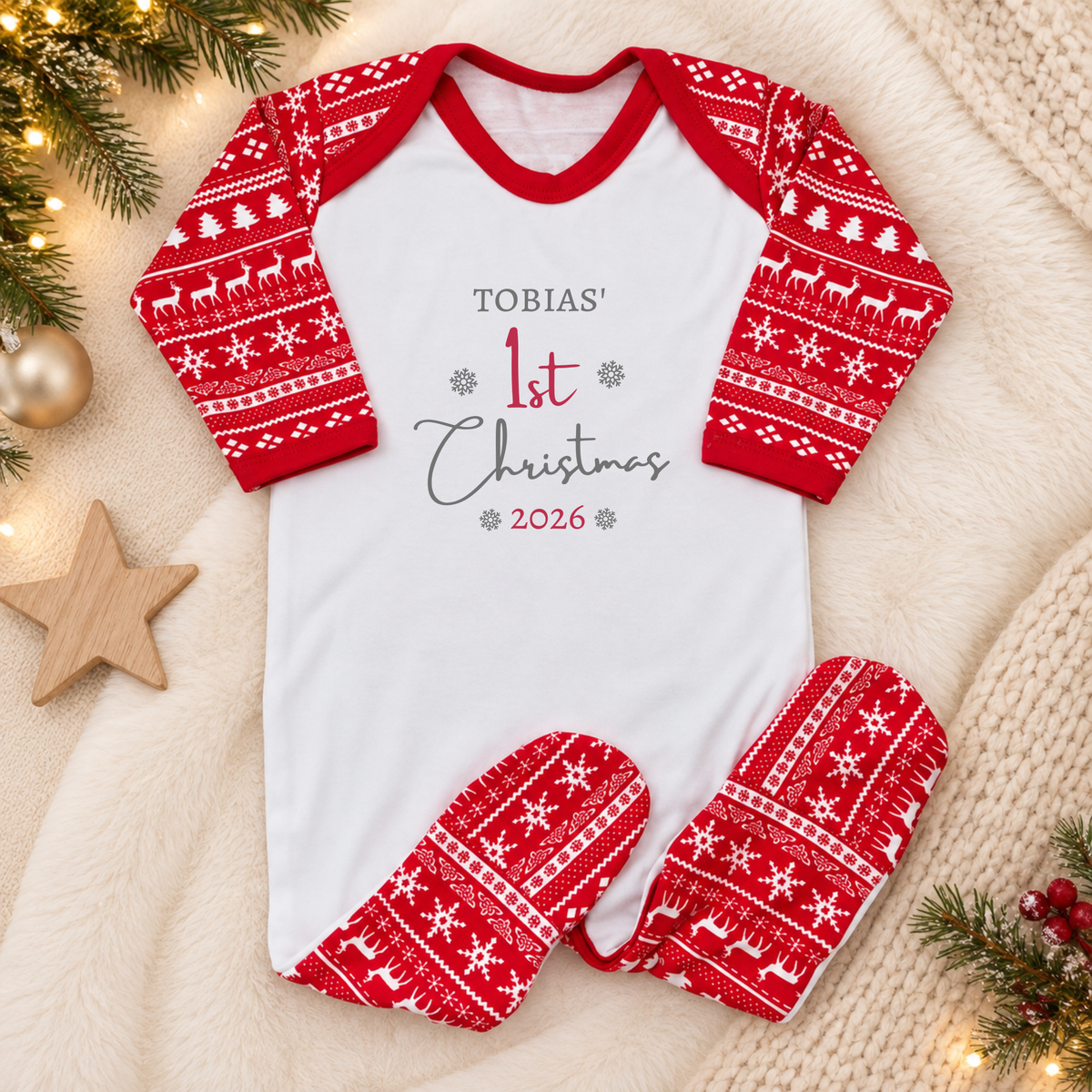 Personalised Baby's First Christmas Sleepsuit - Red Festive