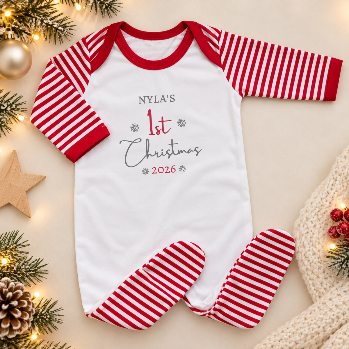 Personalised Baby's First Christmas Sleepsuit - Red Stripes