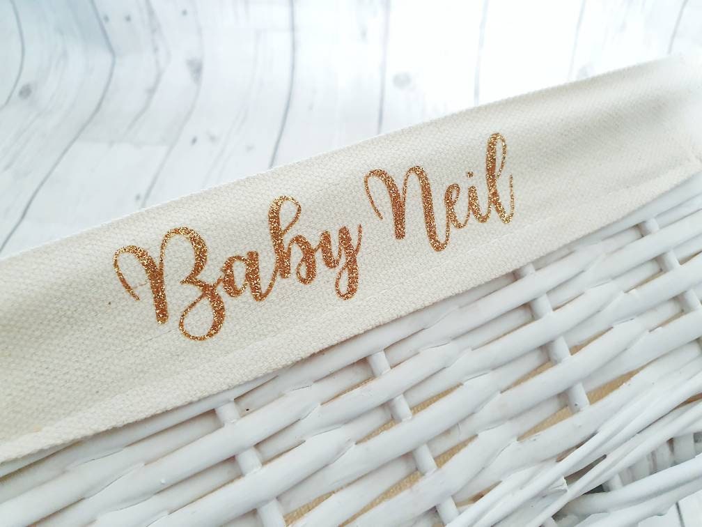 Personalised Baby Storage Basket White Wicker Cotton Liner Gift Nursery Decor Organiser Boy Girl Neutral Gift Hamper box Choice of Sizes