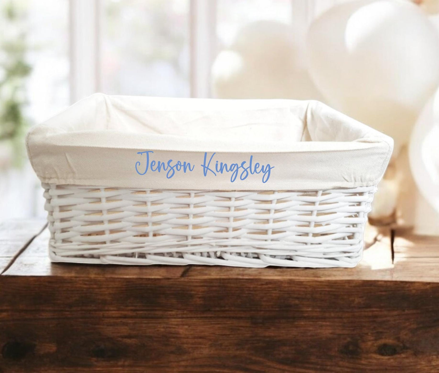 Personalised Baby Storage Basket White Wicker Cotton Liner Gift Nursery Decor Organiser Boy Girl Neutral Gift Hamper box Choice of Sizes