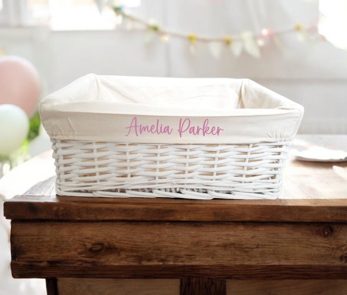 Personalised Baby Storage Basket White Wicker Cotton Liner Gift Nursery Decor Organiser Boy Girl Neutral Gift Hamper box Choice of Sizes