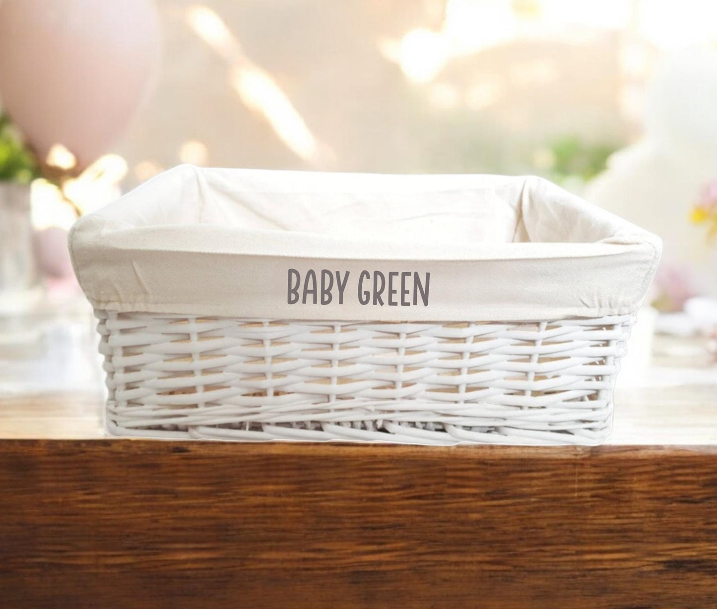 Personalised Baby Storage Basket White Wicker Cotton Liner Gift Nursery Decor Organiser Boy Girl Neutral Gift Hamper box Choice of Sizes