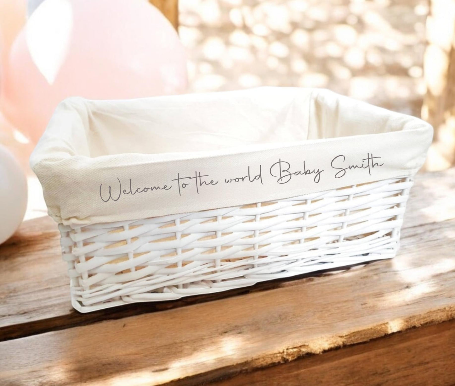Personalised Baby Storage Basket White Wicker Cotton Liner Gift Nursery Decor Organiser Boy Girl Neutral Gift Hamper box Choice of Sizes