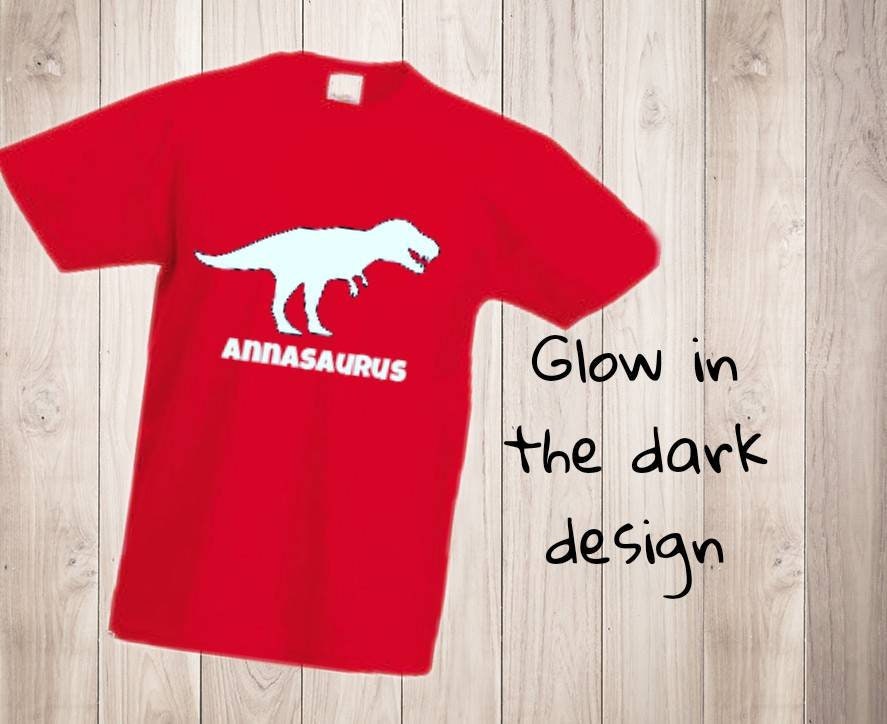 Personalised Dinosaur T Shirt Glow In the Dark T Rex Name Saurus Dino Tyrannosaurus Boys Girls Top Birthday Gift Cotton Tee