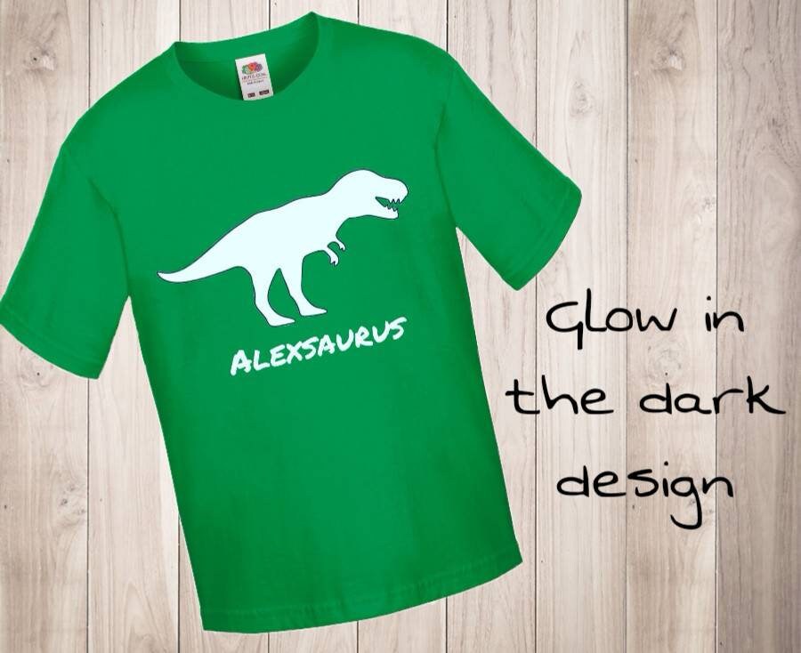 Personalised Dinosaur T Shirt Glow In the Dark T Rex Name Saurus Dino Tyrannosaurus Boys Girls Top Birthday Gift Cotton Tee