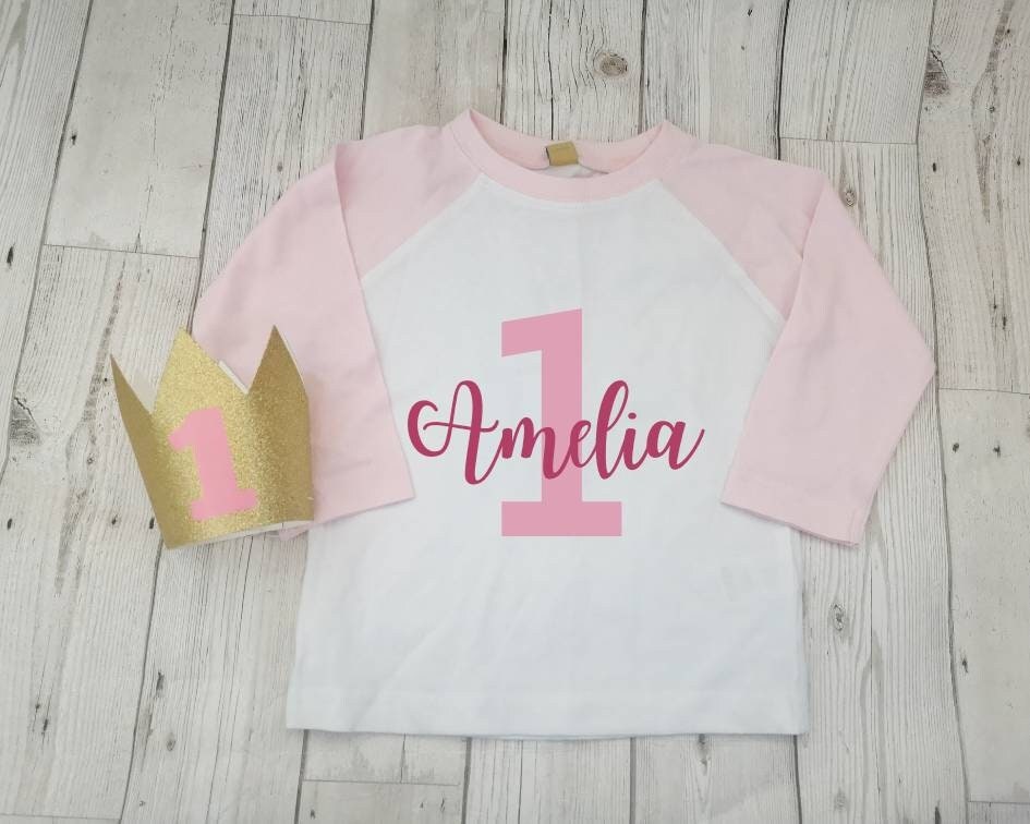 Personalised First Birthday T Shirt With Glitter Crown Contrast Long Sleeve Top One Today Name Tee Girls Pink Gift Number Text Colour Choice
