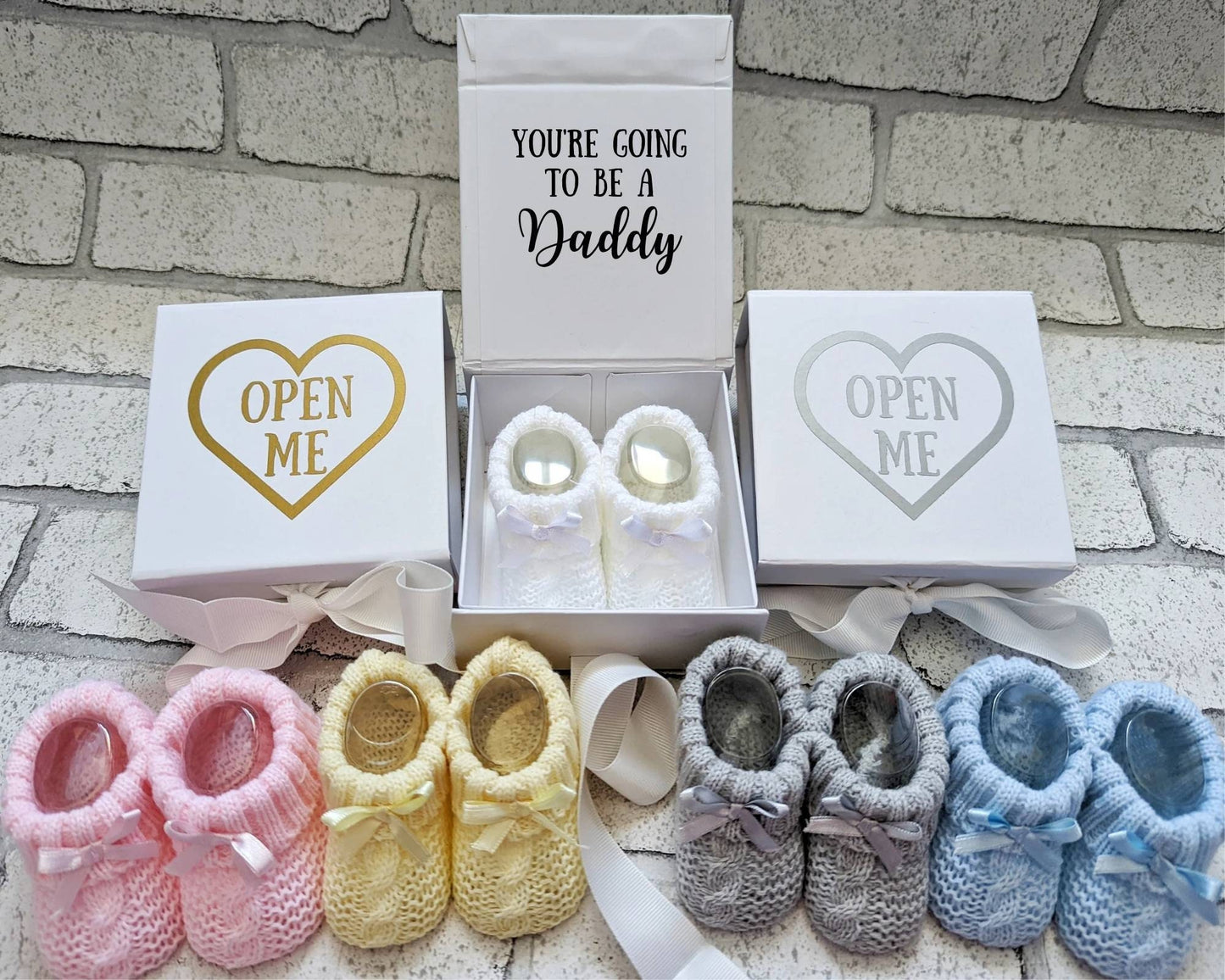 Personalised Pregnancy Announcement Gift Boxed Baby Booties You're going to be Parents Daddy Mummy Grandparents Any Name Any Text Surrogacy