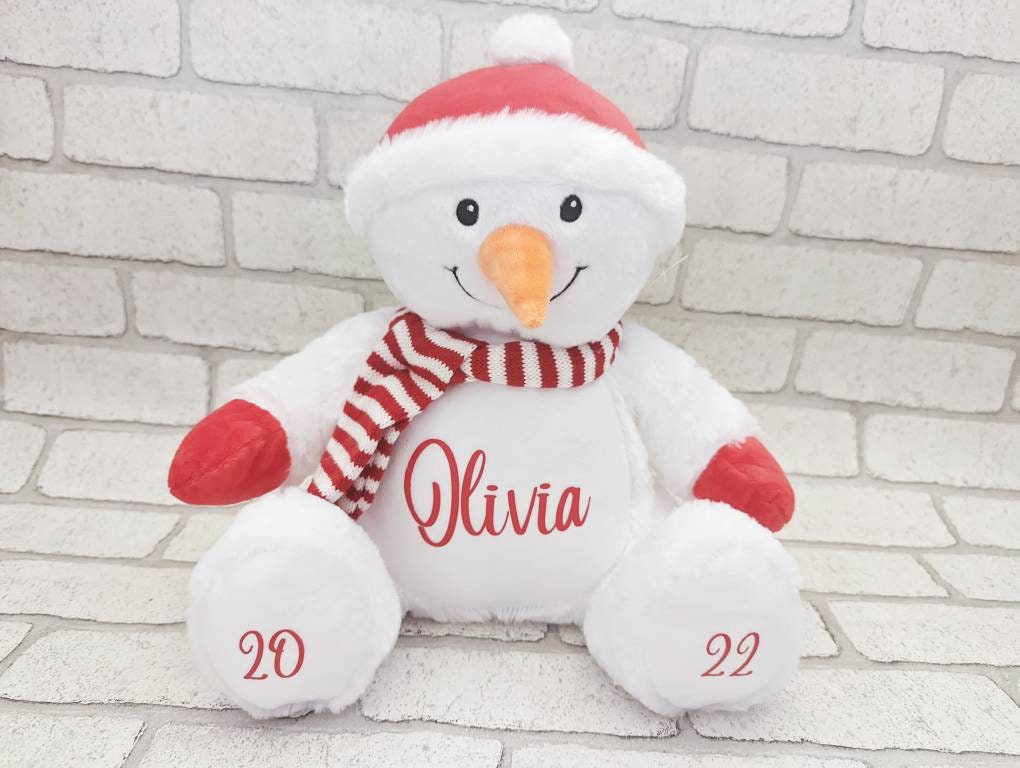 Personalised Christmas Teddy Snowman Soft Toy CE Tested First Xmas Gift Baby Child Present Santa Festive Plush 40cm Choice Wording
