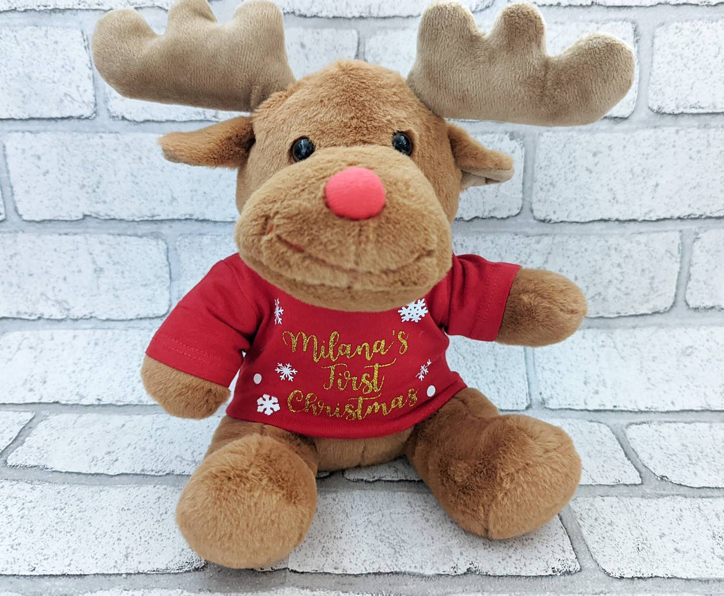 Reindeer Personalised Soft Toy CE Tested Christmas Tshirt Name Rudolff Plush Gift Baby First Xmas Child Cuddly Teddy Stocking Filler 30cm