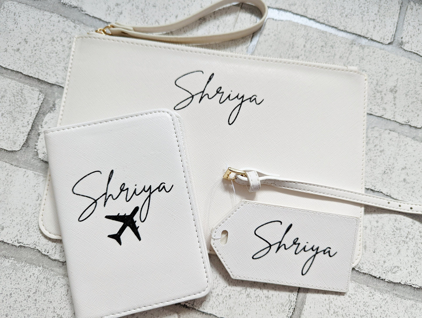 Personalised Travel Set Passport Cover Luggage Tag and Clutch Bag Custom Pouch Name Initial Faux Safffiano Leather Gift For Her Bride