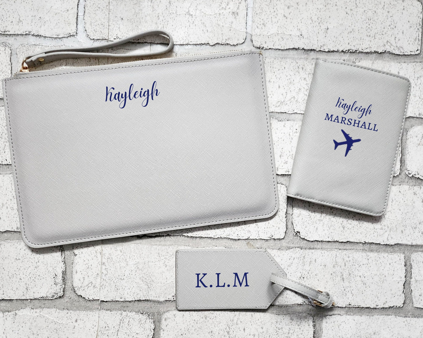 Personalised Travel Set Passport Cover Luggage Tag and Clutch Bag Custom Pouch Name Initial Faux Safffiano Leather Gift For Her Bride