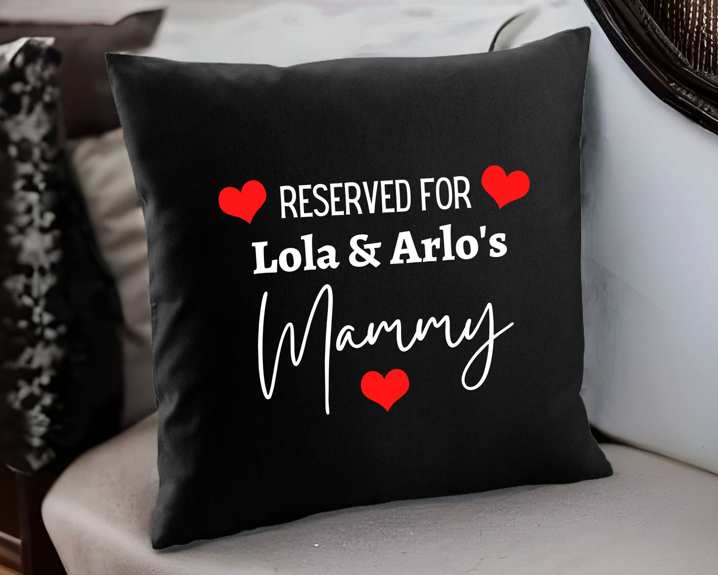 Personalised Reserved For Mummy Cushion Mother's Day Gift Black Fairtrade Cotton Cushion Cover and Insert