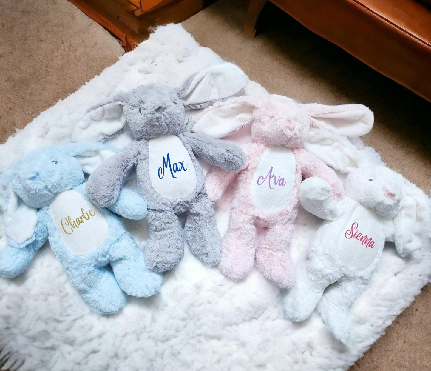 Personalised Bunny Rabbit Cuddly Toy New Baby Gift Soft Plush Grey Cream White Custom Newborn Present Children's Girl Boy Easter