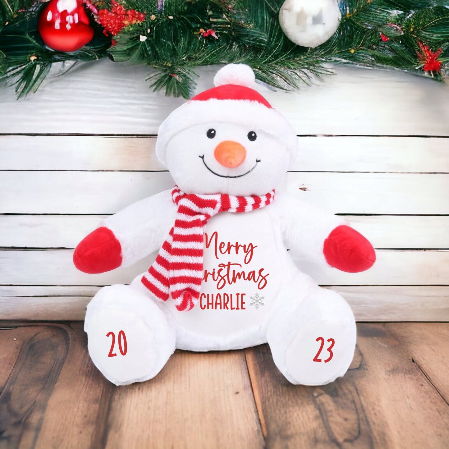 Personalised Christmas Teddy Snowman Soft Toy CE Tested First Xmas Gift Baby Child Present Santa Festive Plush 40cm Choice Wording