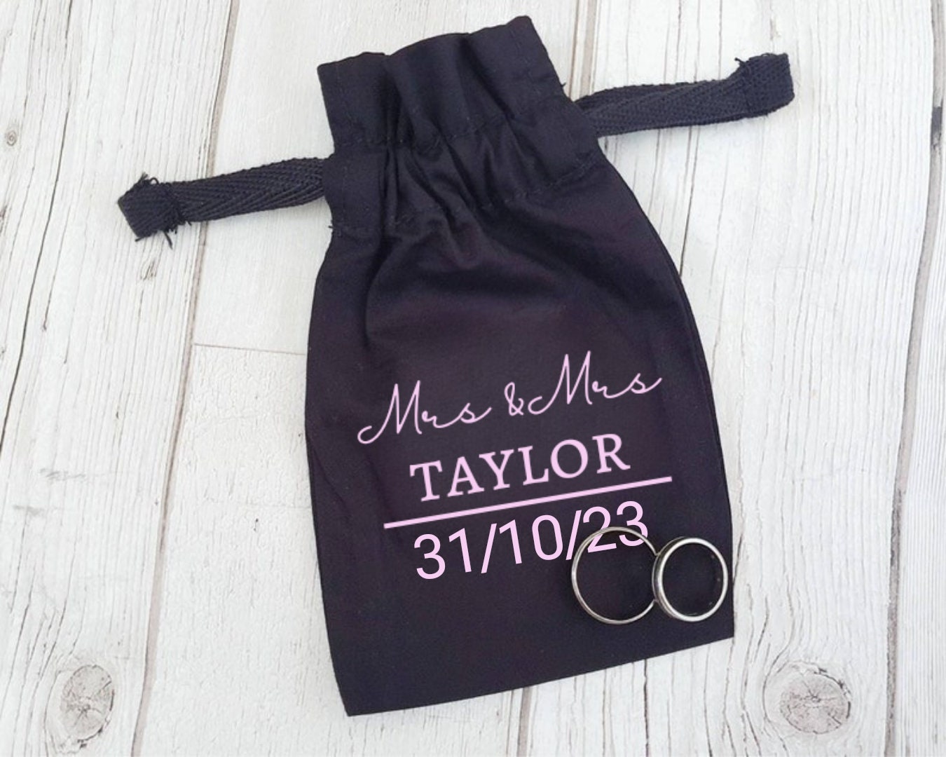 Personalised Wedding Ring Cotton Pouch Ring Bearer Bag Mr and Mrs Name Date Wedding Band Holder Black Drawstring Bridal Groom Gift