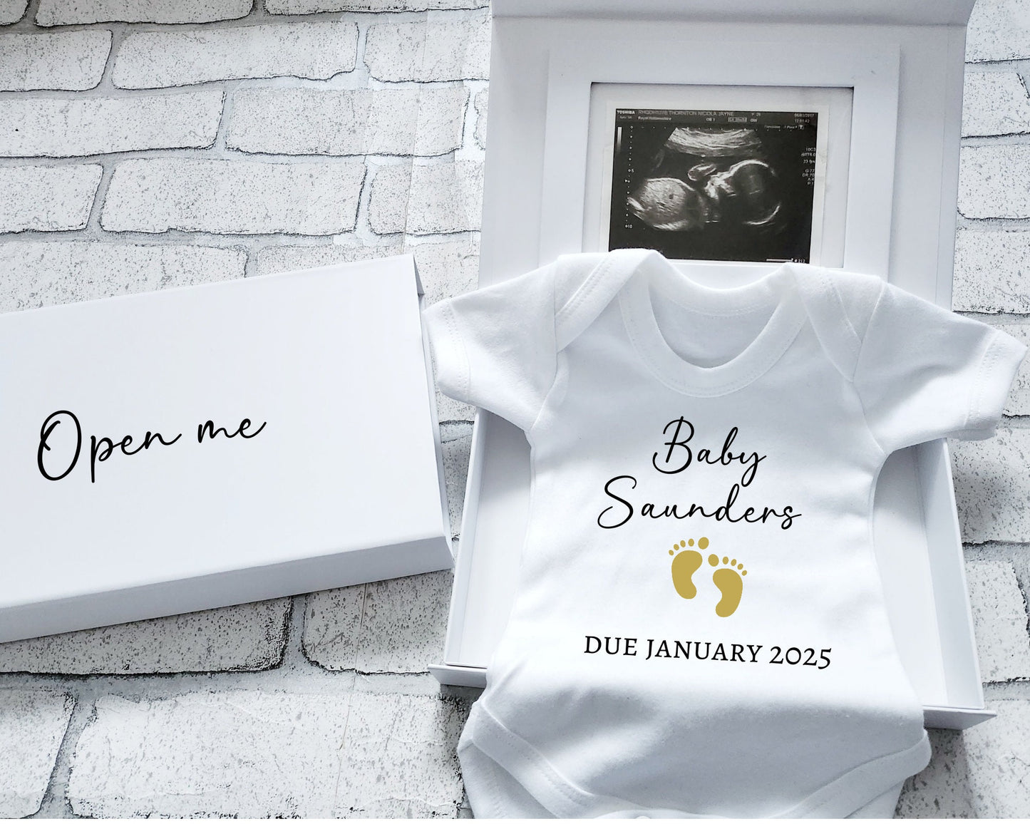 Personalised Pregnancy Announcement Vest Scan Photo Boxed Baby Coming Soon Due Date Promoted to Parents Baby Reveal Grandparents to be Gift