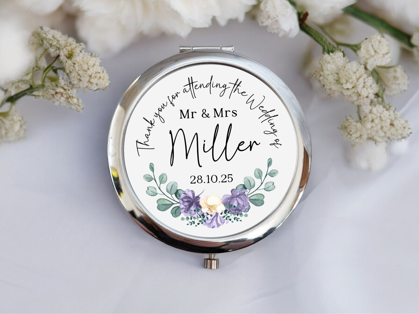 Personalised Wedding Favour Compact Mirror Thank You For Coming to our Wedding Mr & Mrs Ladies Gift