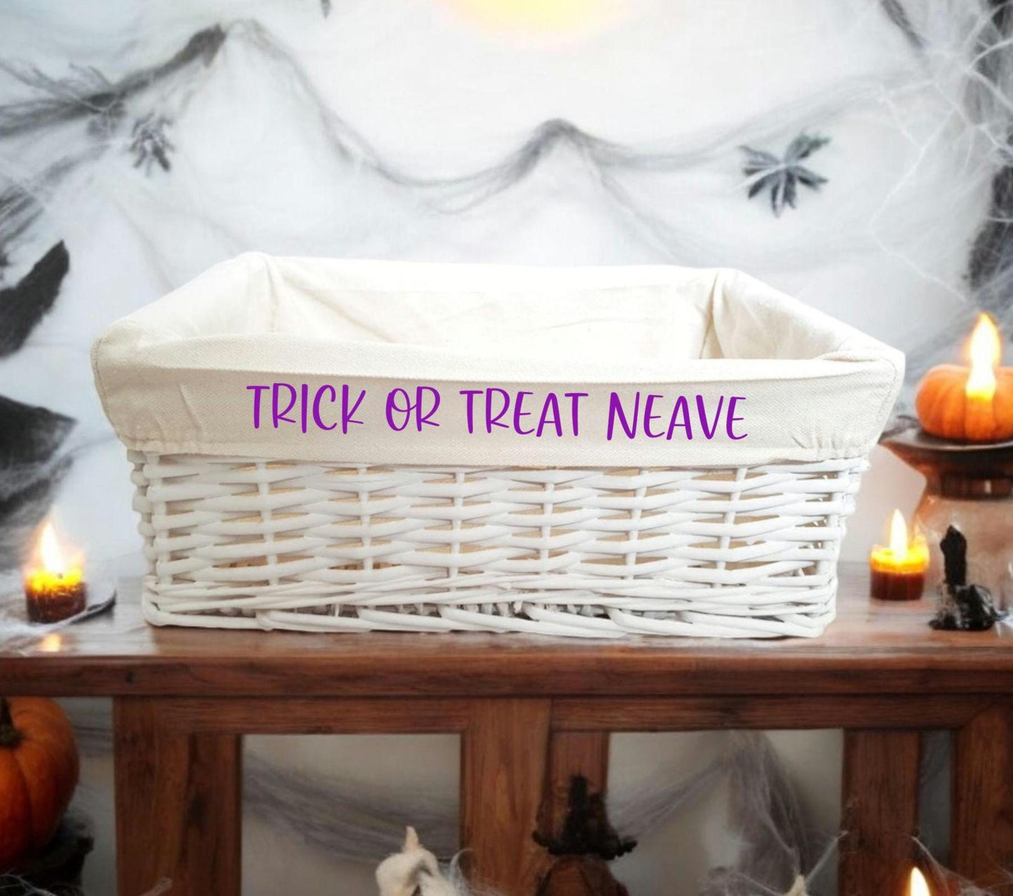 Personalised Boo Basket Halloween Box Gift Hamper White Wicker Storage Gift Cotton Liner Choice of Sizes