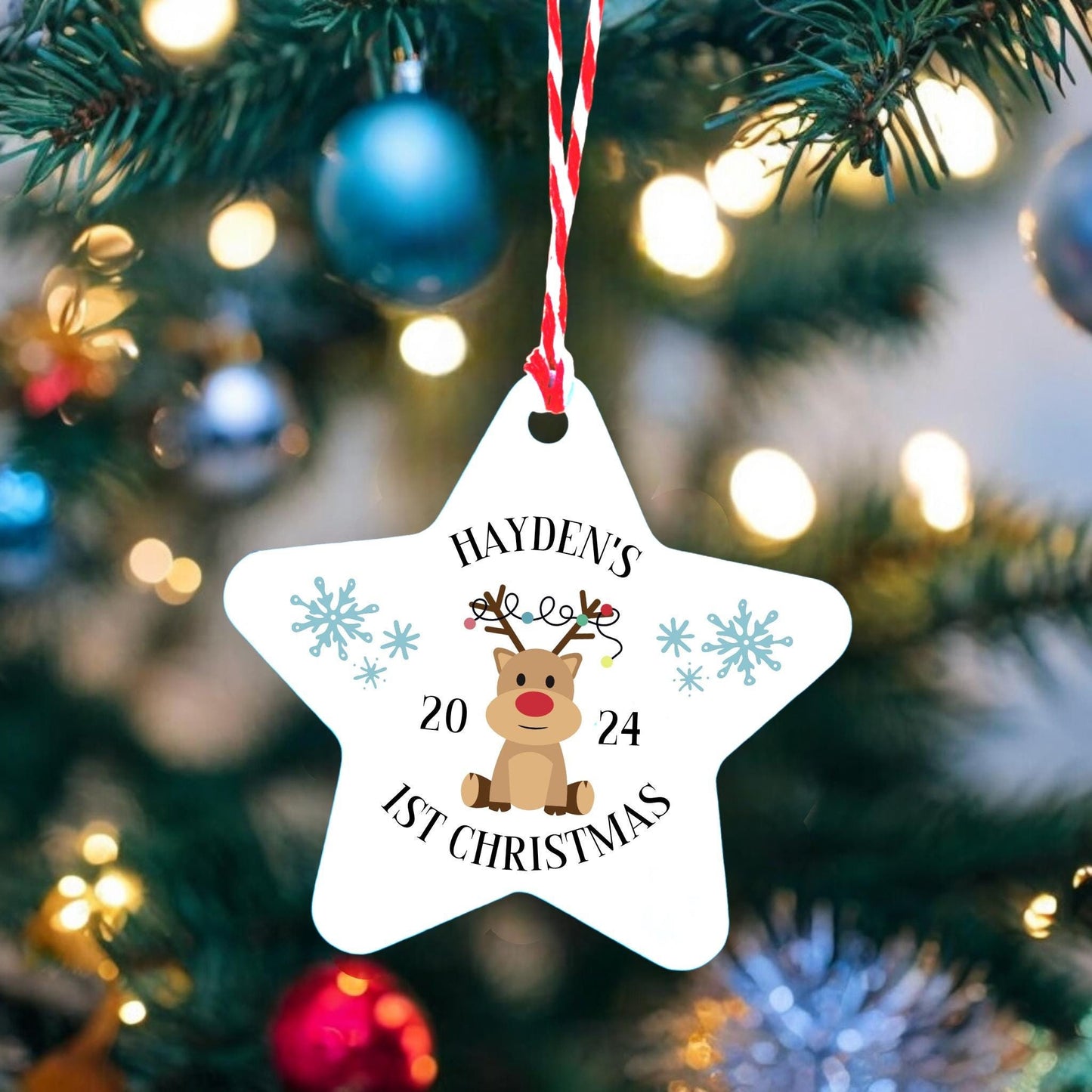 Personalised Baby's First Christmas Tree Decoration. Ceramic Hanging Star Cute Reindeer Penguin 2024 1st Xmas Gift