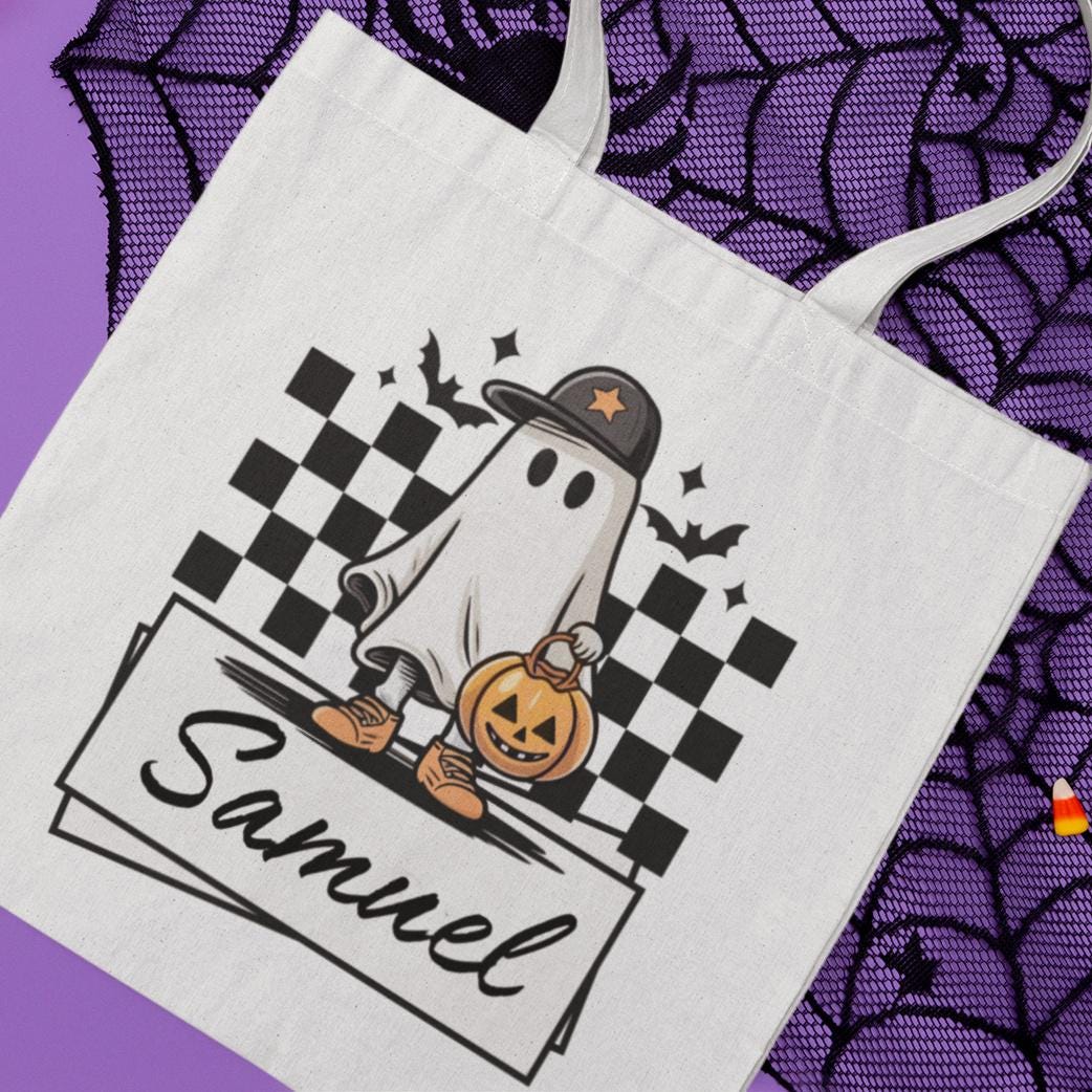 Personalised Halloween Trick or Treat Bag | Custom Kids Candy Tote | Ghost Cute Funky Design | Reusable Halloween Sweet Large Bag