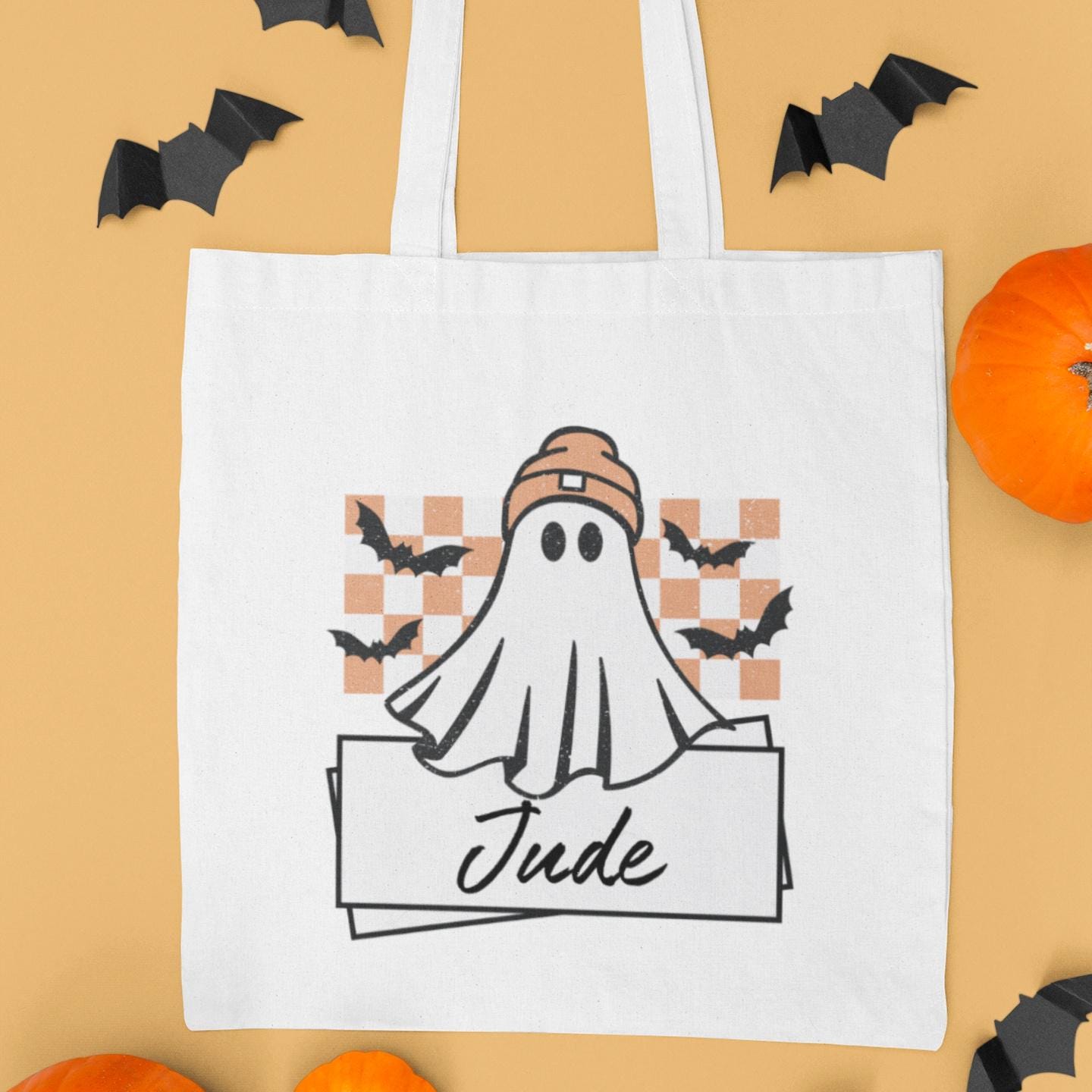 Personalised Halloween Trick or Treat Bag | Custom Kids Candy Tote | Ghost Cute Funky Design | Reusable Halloween Sweet Large Bag