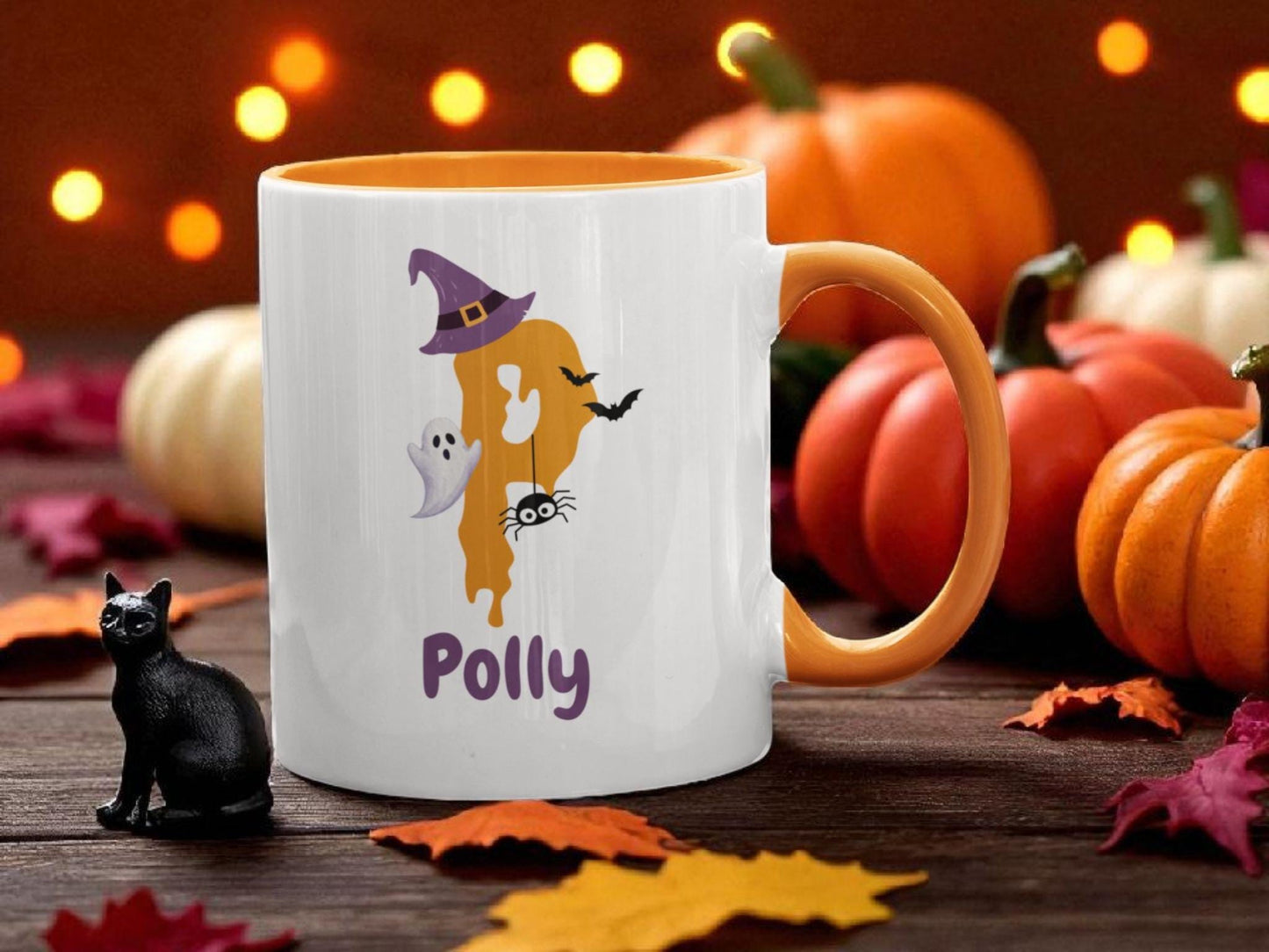 Personalised Halloween Initial Mug | Custom Name Coffee Cup | Kids Safe Polymer or Ceramic Mug | Cute Spooky Gift for Halloween | 11oz Mug