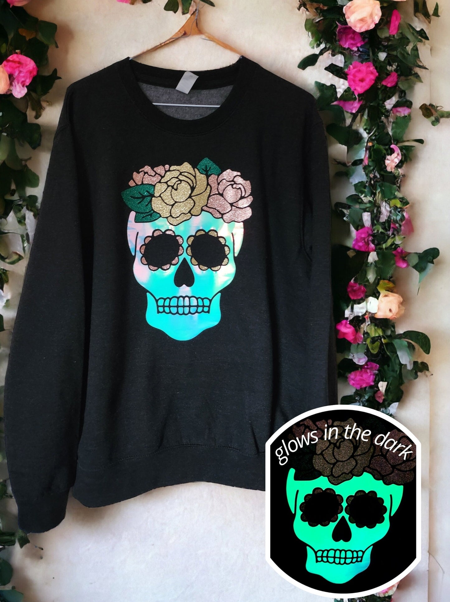 Ladies Floral Skull Sweater Fashion Top Glow in the Dark Glitter Gift for Her Women's Christmas Present Autumn Vibes Halloween