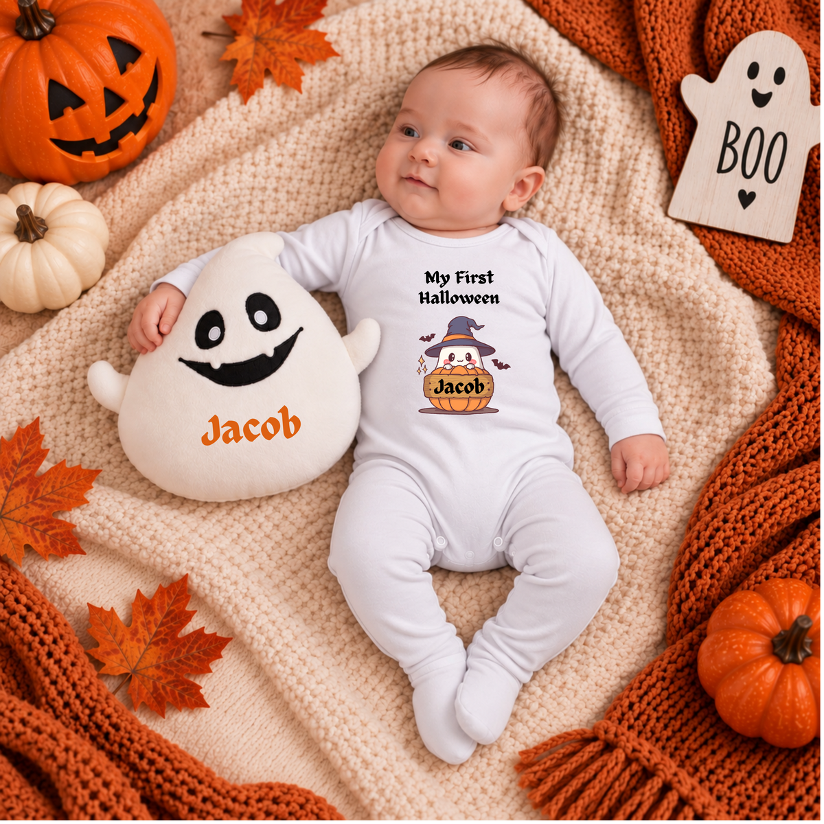 Personalised My First Halloween Sleepsuit and Ghost Plush Set