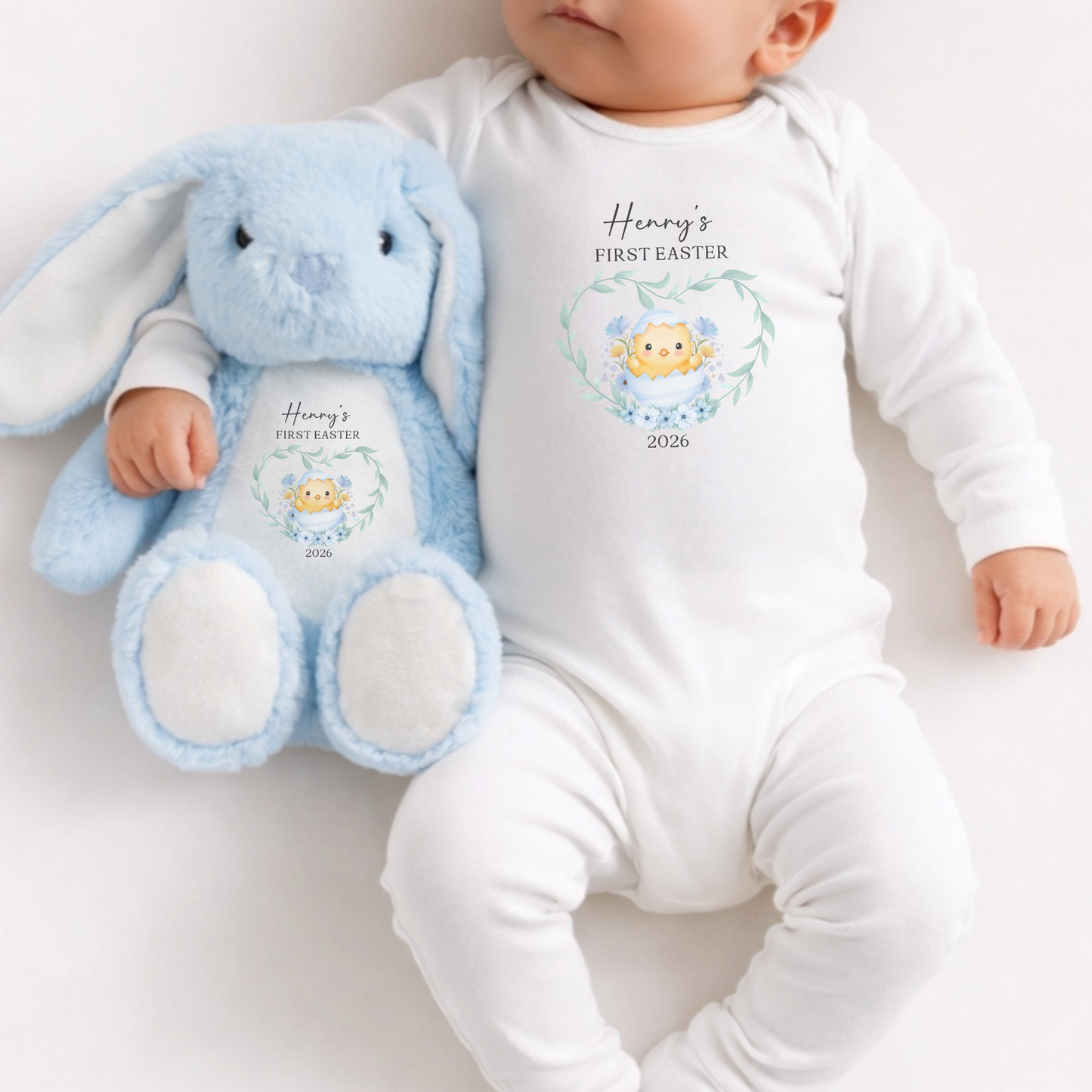 Personalised First Easter Sleepsuit & Bunny - Blue Chick