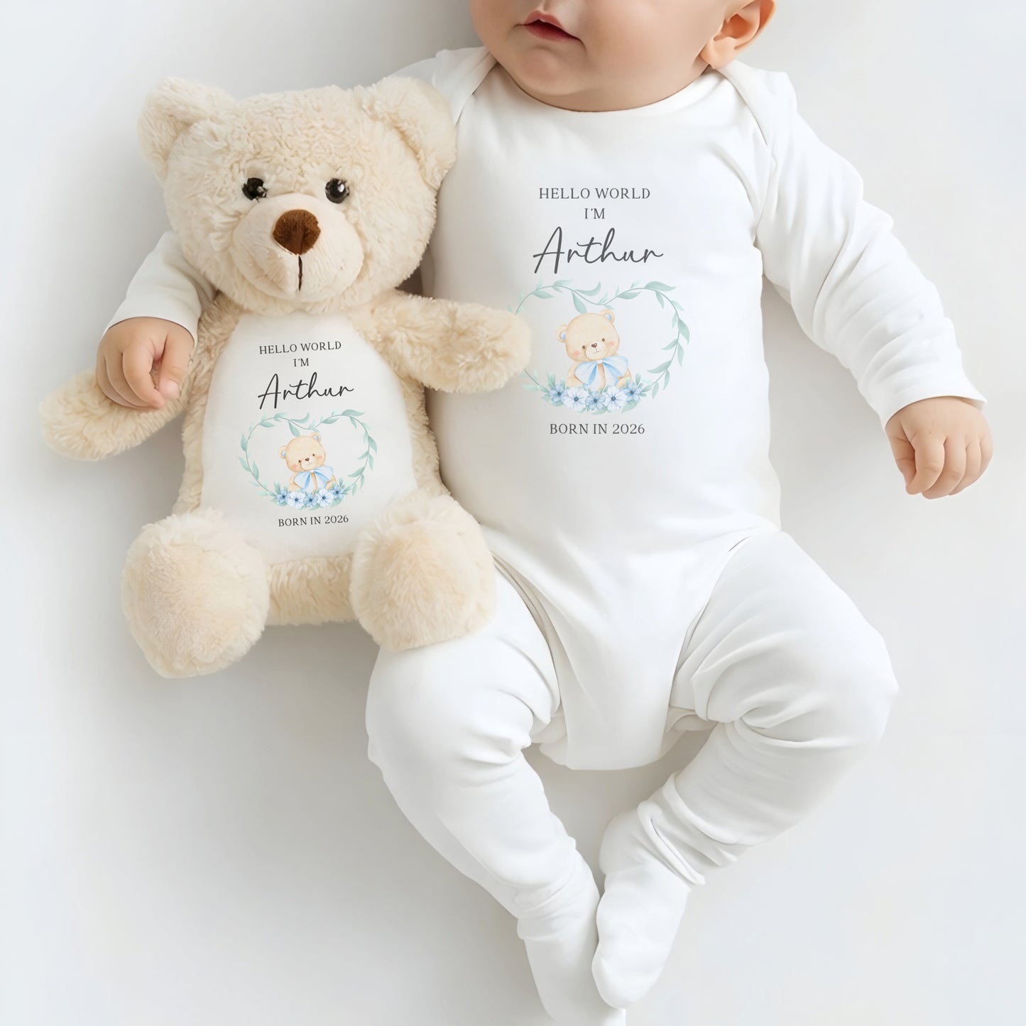 Personalised Hello World Sleepsuit and Bear Set - Blue