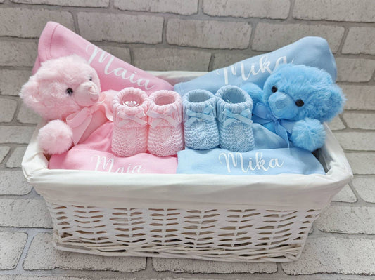 Personalised Twin Baby Gift Set Basket Box Blanket Hat Teddy Bear Booties Newborn Custom Baby Shower Present Mum To Be Pink Blue Hamper