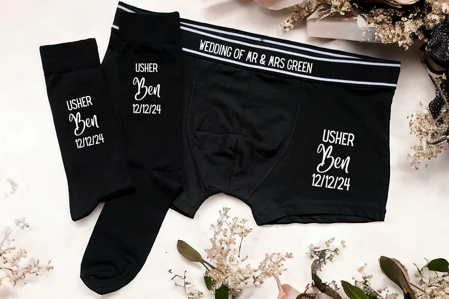 Personalised Wedding Boxers and Socks Groom Best Man Usher Father of the Bride Wedding Day Gift Men's Present Customised Name and Date Role