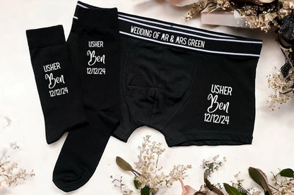 Personalised Wedding Boxers and Socks Groom Best Man Usher Father of the Bride Wedding Day Gift Men's Present Customised Name and Date Role
