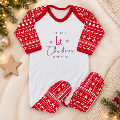 Personalised Baby's First Christmas Sleepsuit - Red Festive