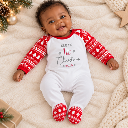 Personalised Baby's First Christmas Sleepsuit - Red Festive