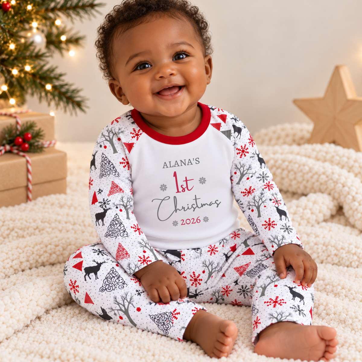 Personalised Baby's First Christmas Pyjamas - Festive Reindeer