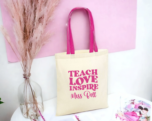 Personalised Teach Love Inspire Contrast Handle Tote Bag image 0