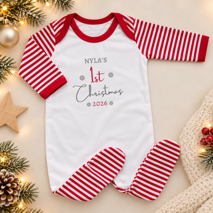 Personalised Baby's First Christmas Sleepsuit - Red Stripes