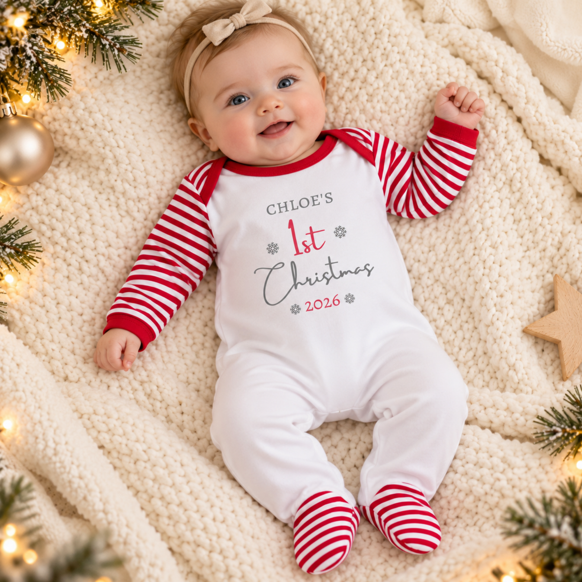 Personalised Baby's First Christmas Sleepsuit - Red Stripes