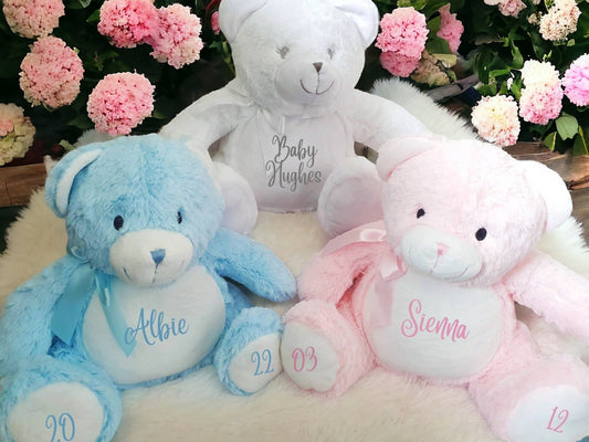Personalised New Baby Teddy Bear Soft Toy Pink Blue White Gift  Christening Plush & Name 1st Birthday Page Boy Flower Girl CE Tested