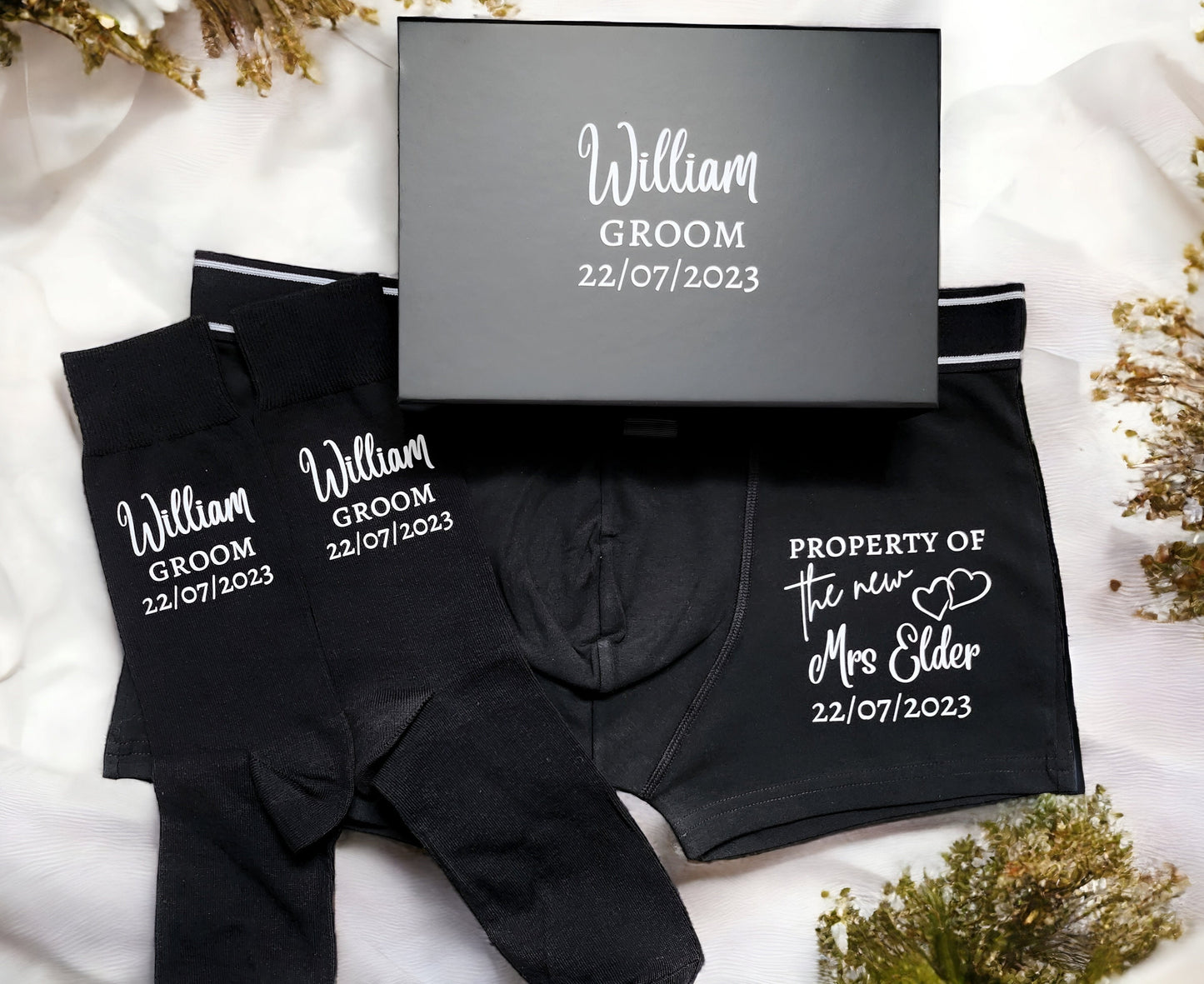 Personalised Groom Boxers and Socks in Box or Bag