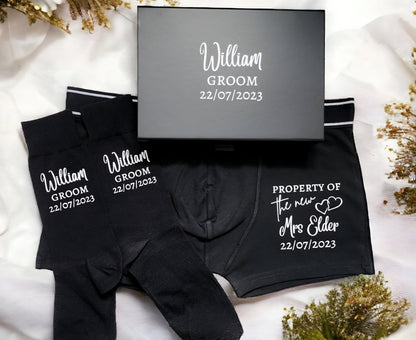 Personalised Groom Boxers and Socks in Box or Bag