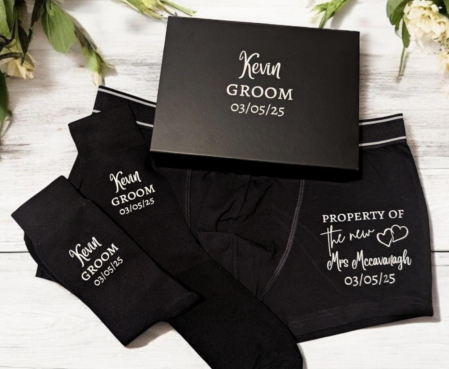 Personalised Groom Boxers and Socks in Box or Bag