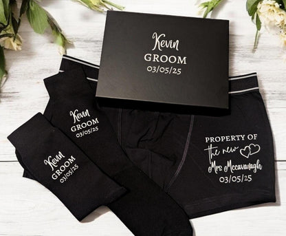 Personalised Groom Boxers and Socks in Box or Bag