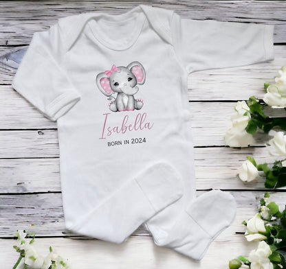 Personalised Baby Elephant Sleepsuit, Bodysuit or Bib