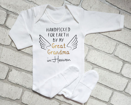 Personalised Hand picked For Earth Bodysuit Sleepsuit Big Brother Sister Grandad Auntie Grandma In Heaven Pregnancy Loss Gift Announcement