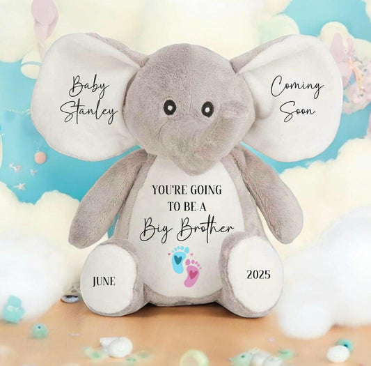 Personalised Pregnancy Announcement Gift Elephant Soft Toy Big Brother or Sister Sibling Reveal Small 23cm Large 40cm