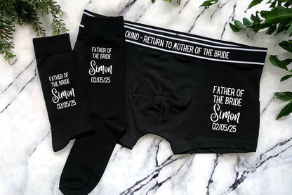 Personalised Wedding Boxers and Socks Groom Best Man Usher Father of the Bride Wedding Day Gift Men's Present Customised Name and Date Role
