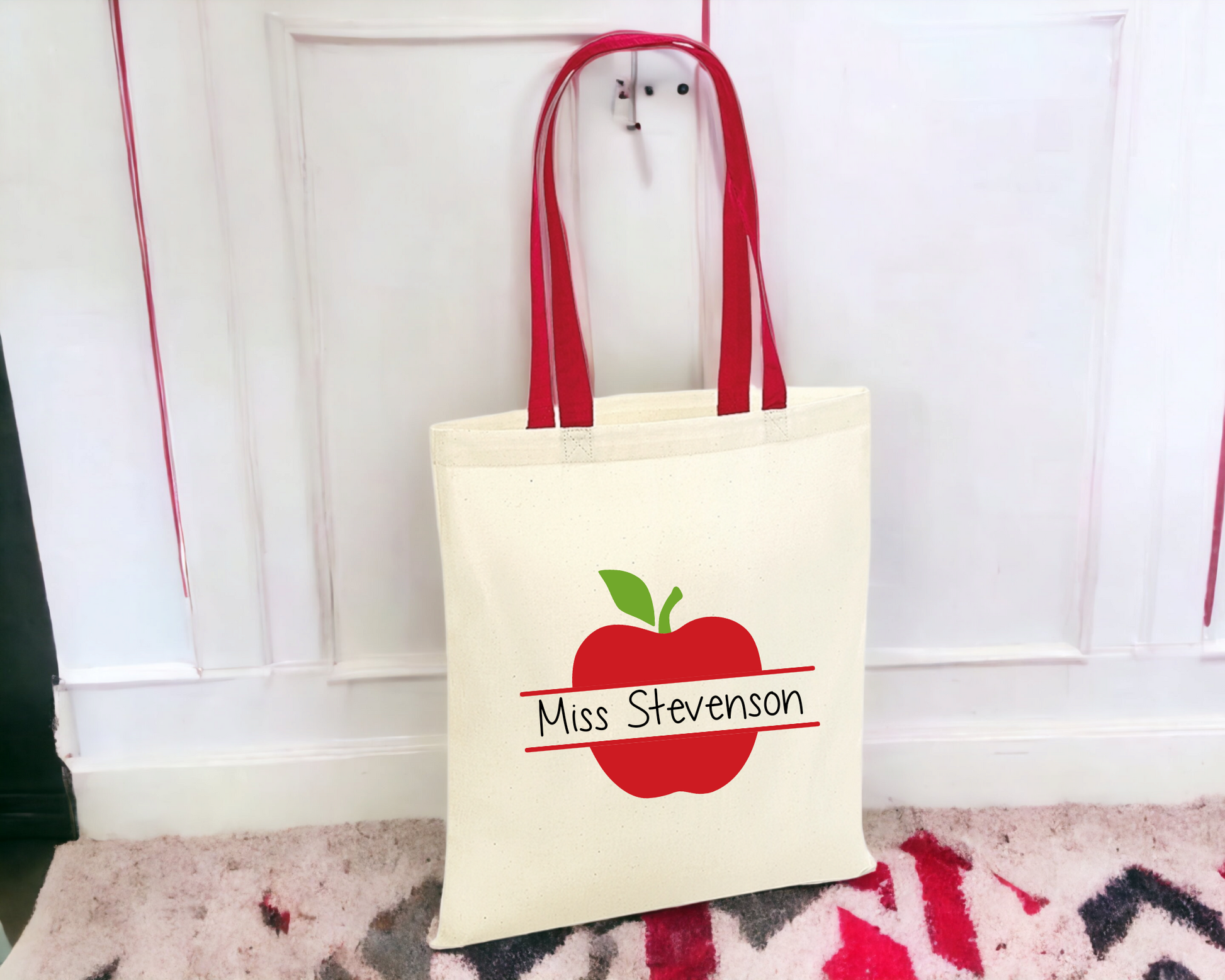  Personalised Teacher Apple Contrast Handle Tote Bag image 0